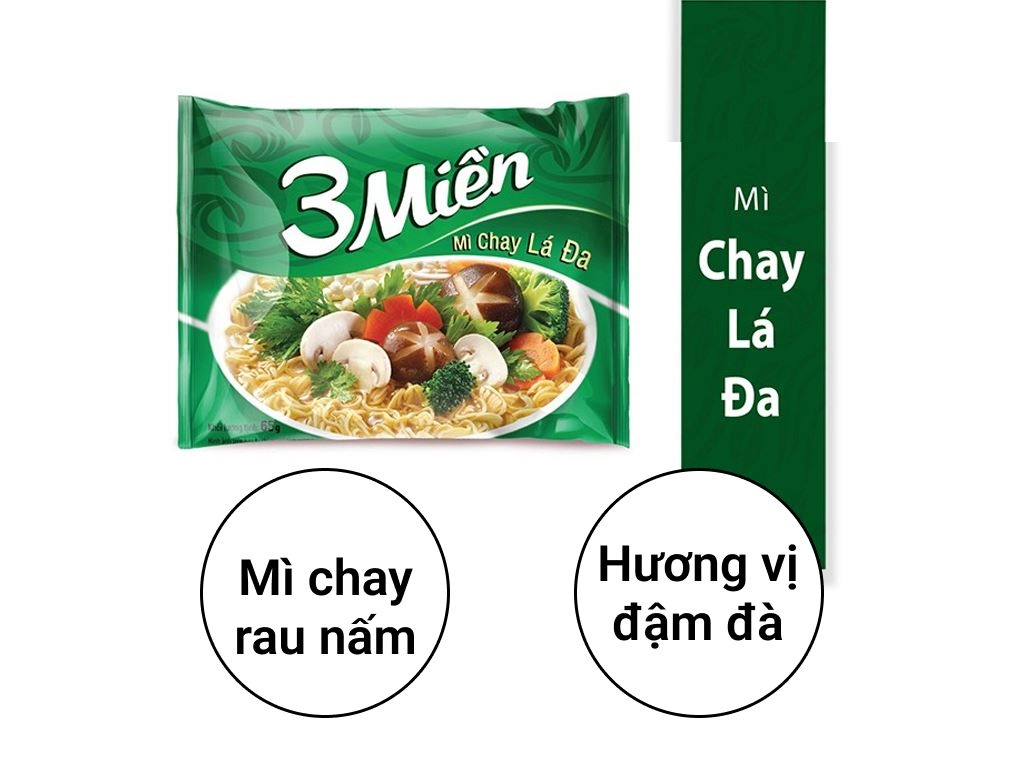 Thùng 30 gói mì chay lá đa 3 Miền 65g